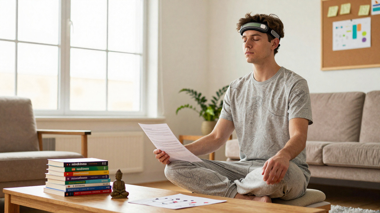 Homem sentado em posição de lótus meditando com faixa na cabeça e segurando papel em sala iluminada.