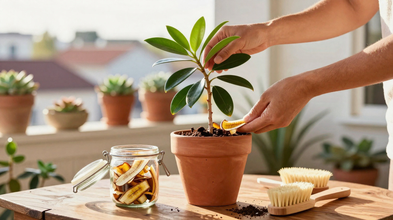Pessoa cuidando de planta em vaso com cascas de banana para adubo em mesa com pincéis.