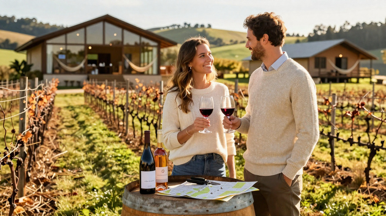 Casal brindando com vinho em vinícola ao ar livre, cercado por parreirais e barris de madeira.