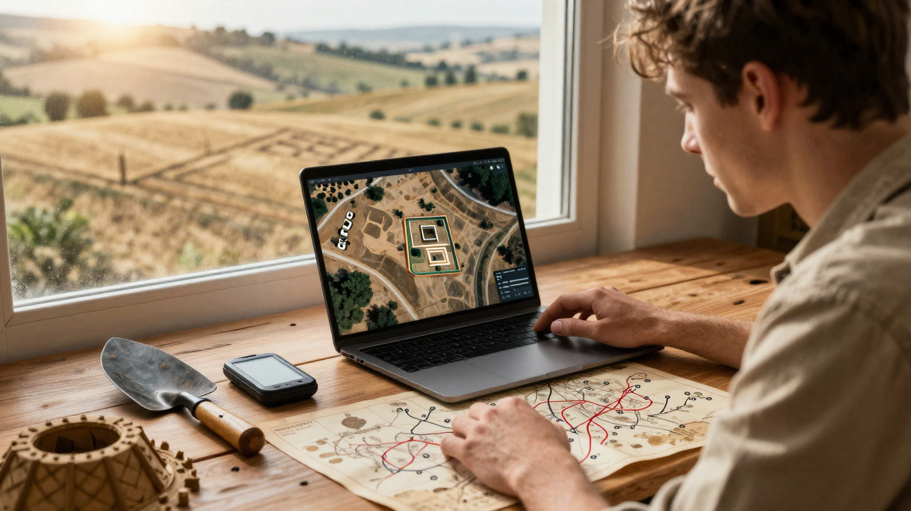 Jovem analisa mapa antigo e imagens por drone em laptop, sentado em mesa próxima a janela com vista para campo.