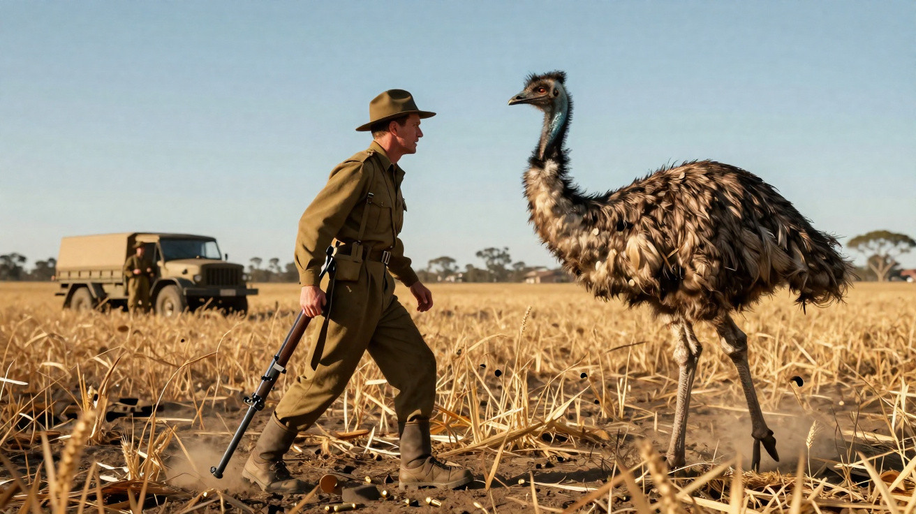 Soldado com rifle encara um emu em campo seco com caminhão ao fundo em dia ensolarado.