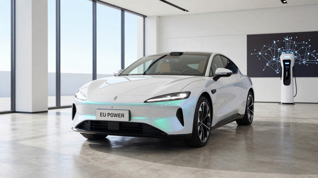 Carro elétrico branco estacionado em ambiente interno moderno, com carregador ao fundo.