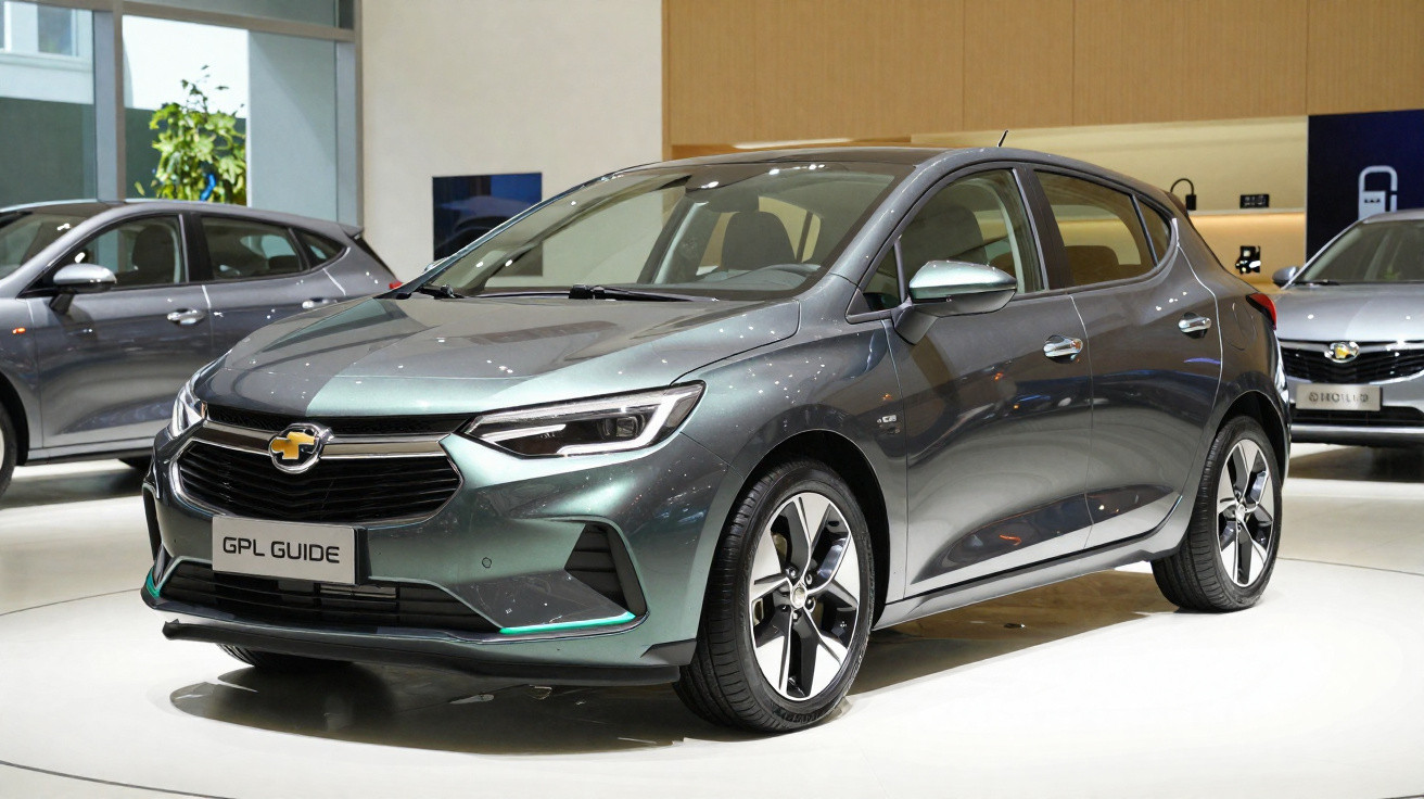 Carro hatchback cinza Chevrolet GPL Guide exposto em salão automotivo moderno e iluminado.