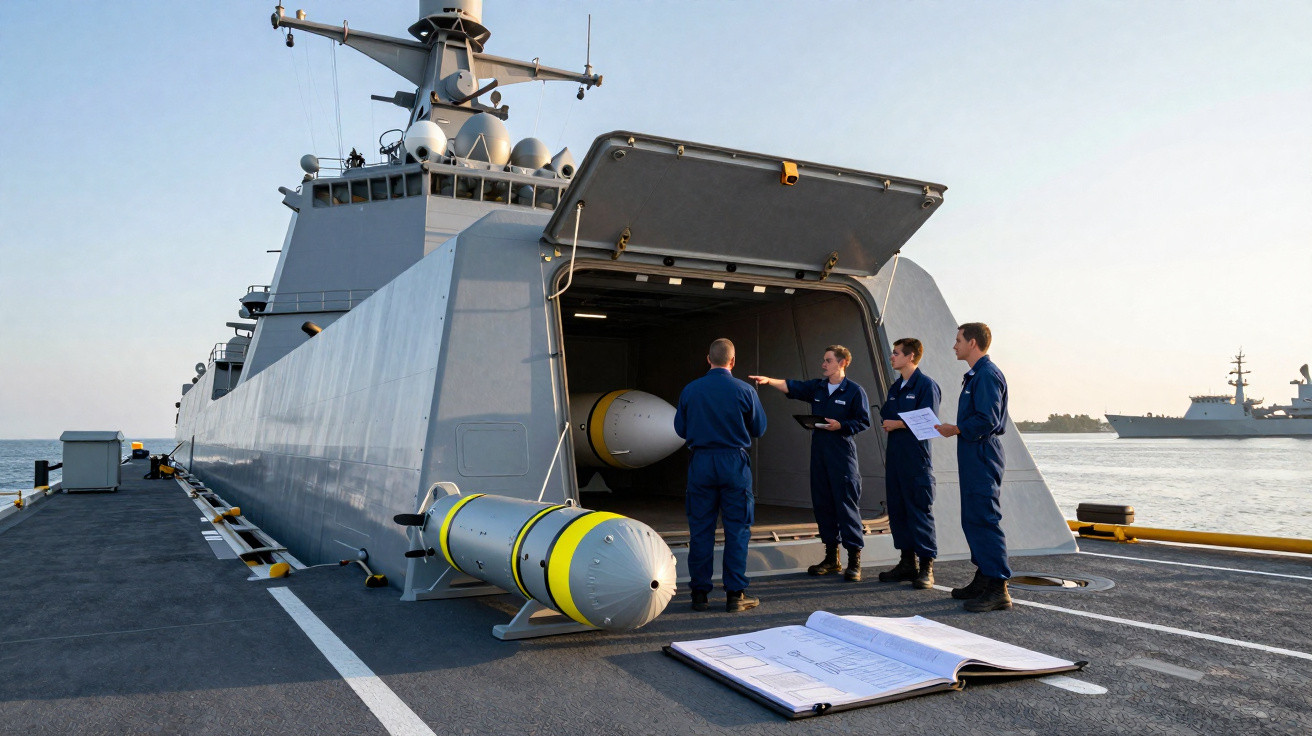 Quatro militares em navio de guerra inspecionam torpedo armazenado no convés próximo a planta aberta.