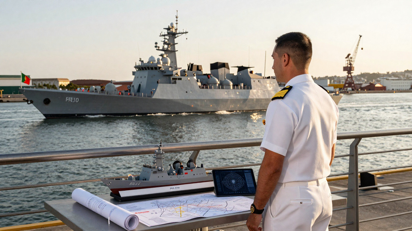 Oficial naval observando fragata e maquete no porto com mapas e radar sobre a mesa.