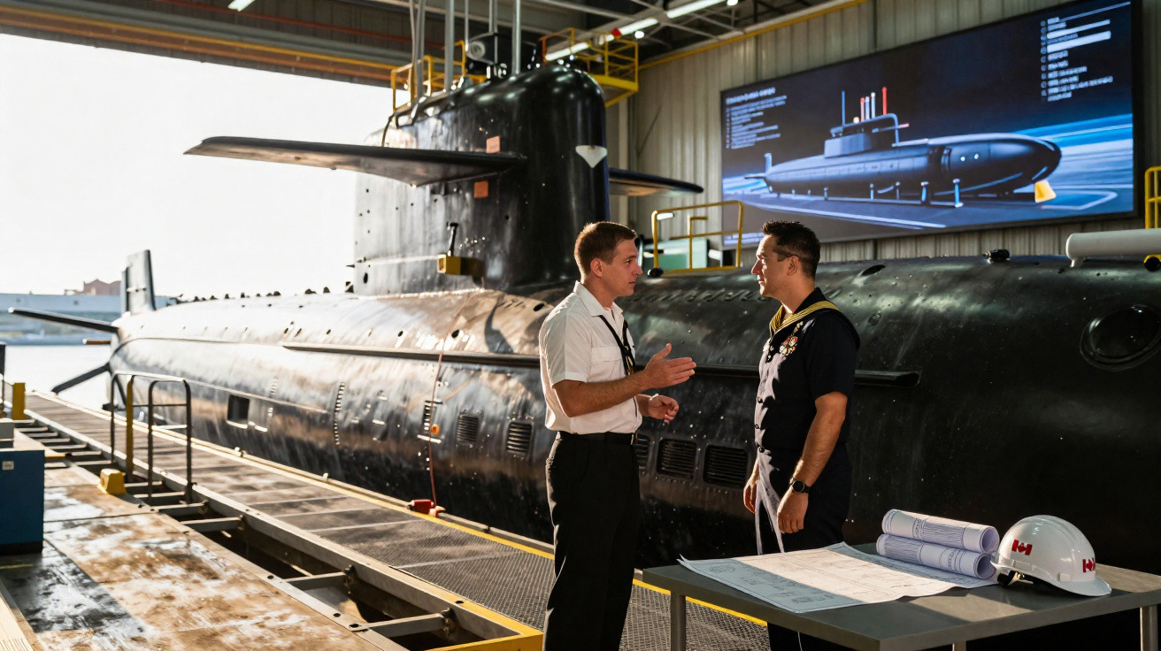 Dois homens conversam em estaleiro com um submarino preto ao fundo e plantas técnicas sobre mesa.