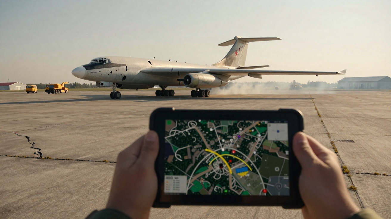 Mãos segurando tablet com mapa digital, avião militar cinza taxiando em pista de aeroporto ao fundo.