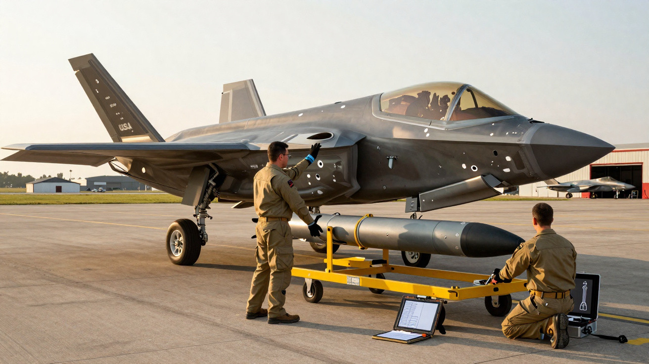 Dois militares inspecionam uma aeronave militar cinza estacionada em pista com equipamento militar.