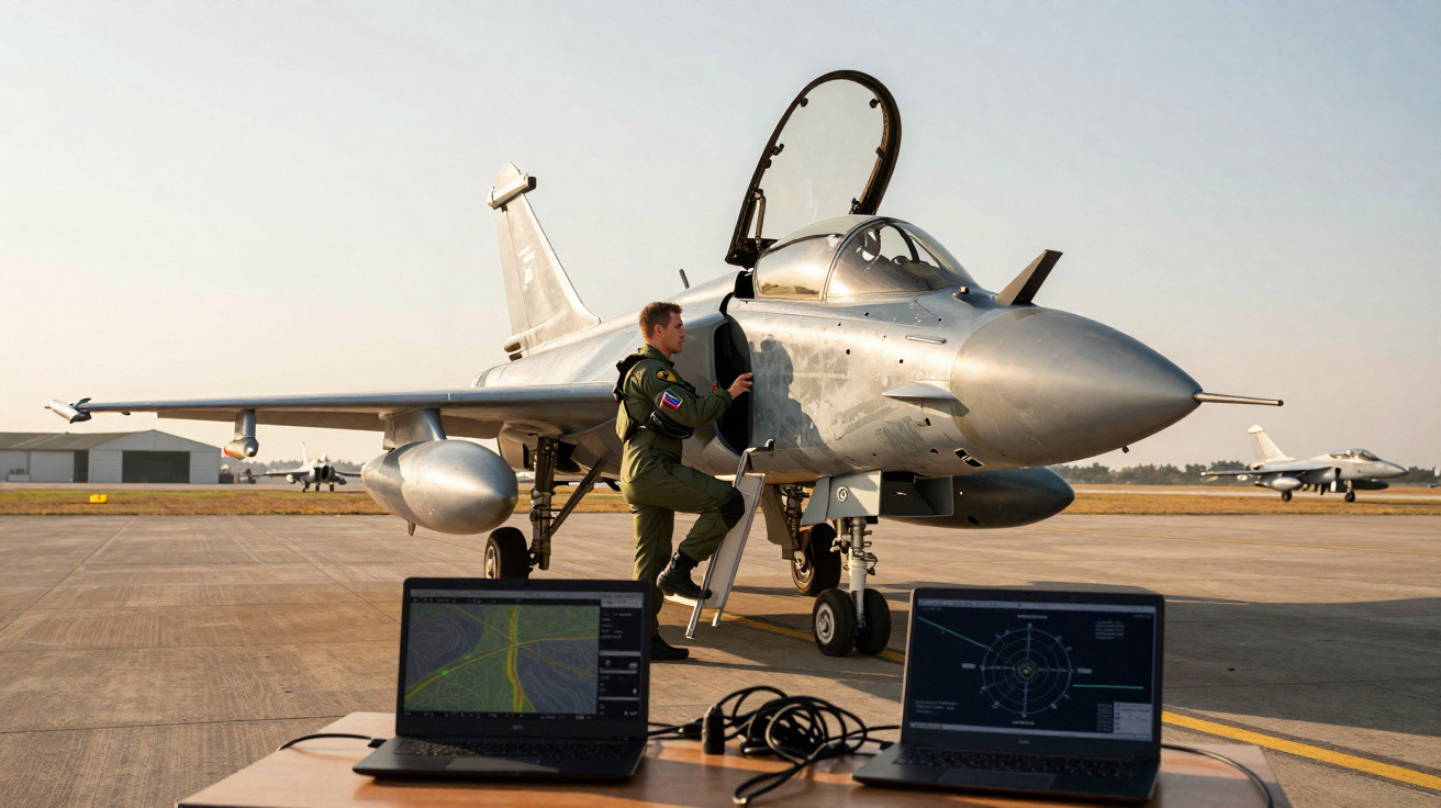 Piloto subindo em caça militar estacionado em pista com dois laptops na frente exibindo dados de voo.