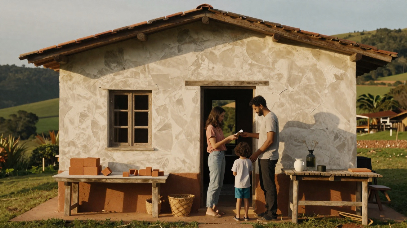 Família com criança em frente a casa rústica em área rural durante o dia.
