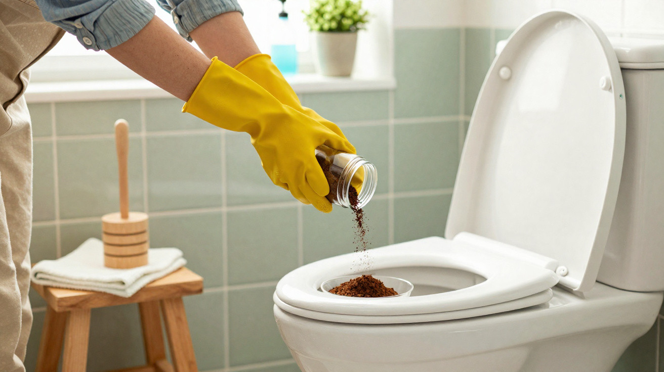 Pessoa com luvas amarelas despejando pó de café no vaso sanitário para limpeza em banheiro.
