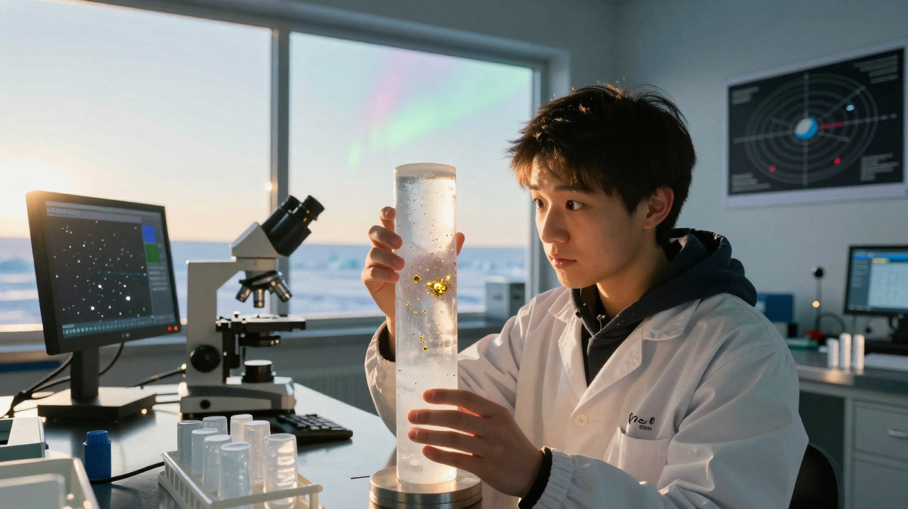 Cientista jovem em laboratório observa tubo de ensaio com líquido e partículas douradas.