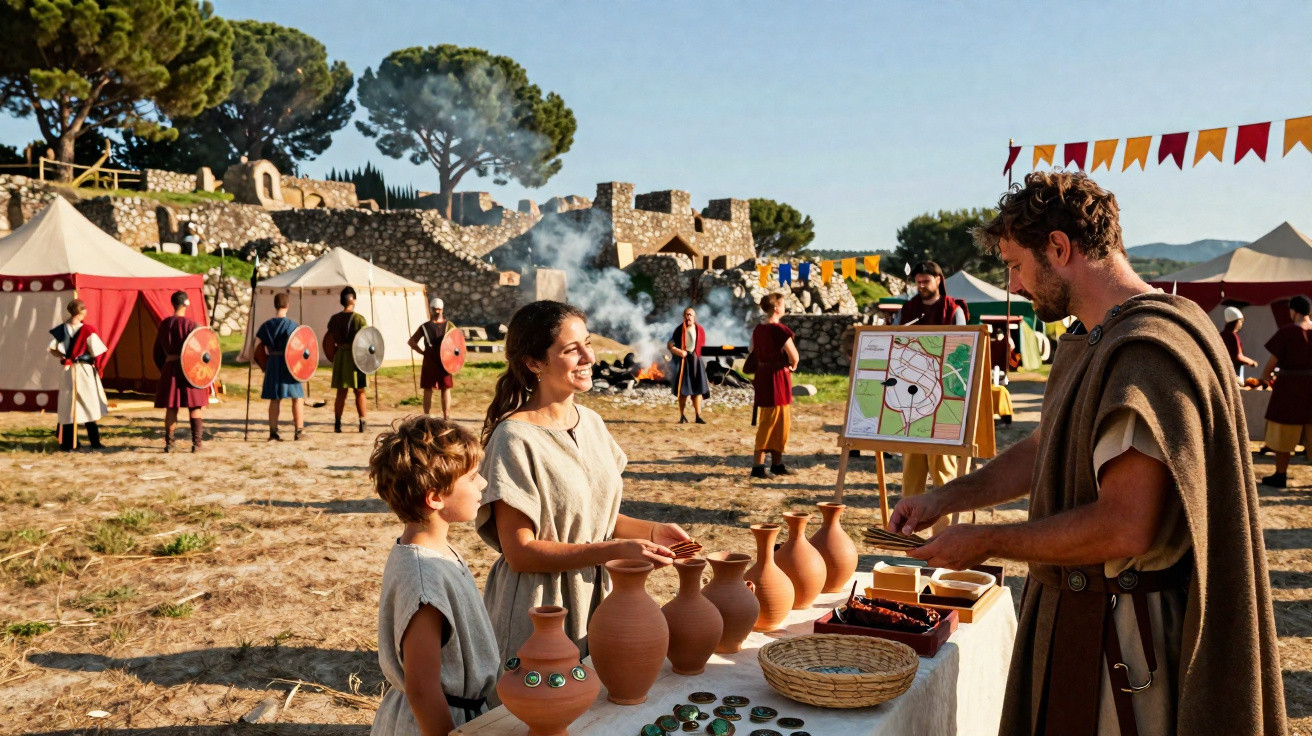 Reencenação histórica com pessoas vestidas em roupas da antiguidade vendendo cerâmicas em feira ao ar livre.