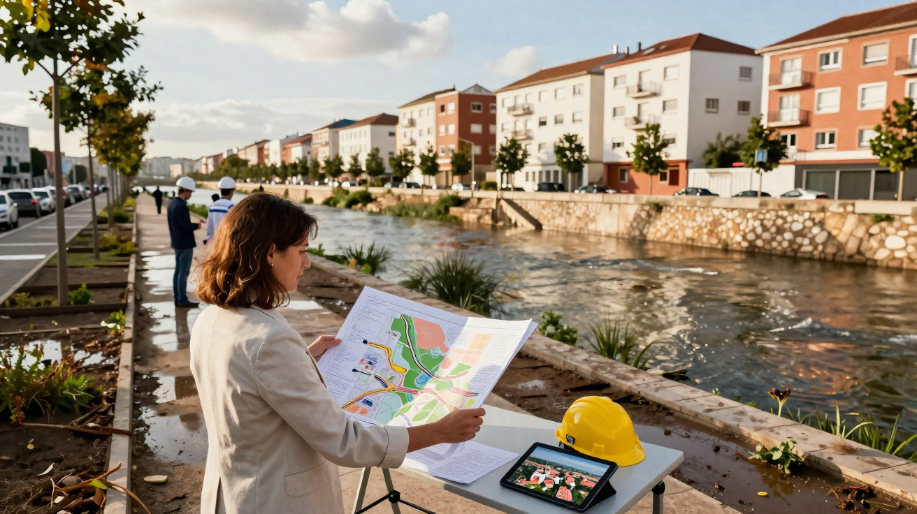 Mulher analisa planta urbana junto a rio e mesa com capacete e tablet em área urbana ensolarada.