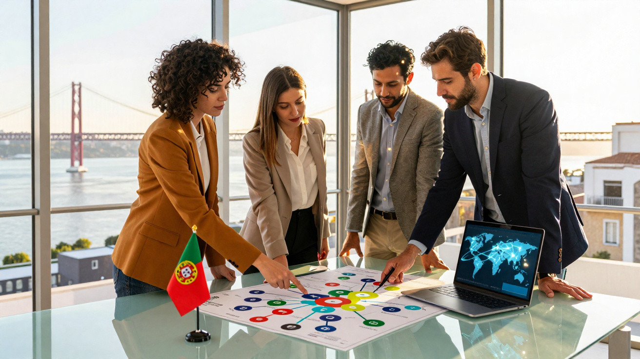 Equipe de quatro pessoas reunida em escritório moderno discutindo mapa de processos com bandeira de Portugal.