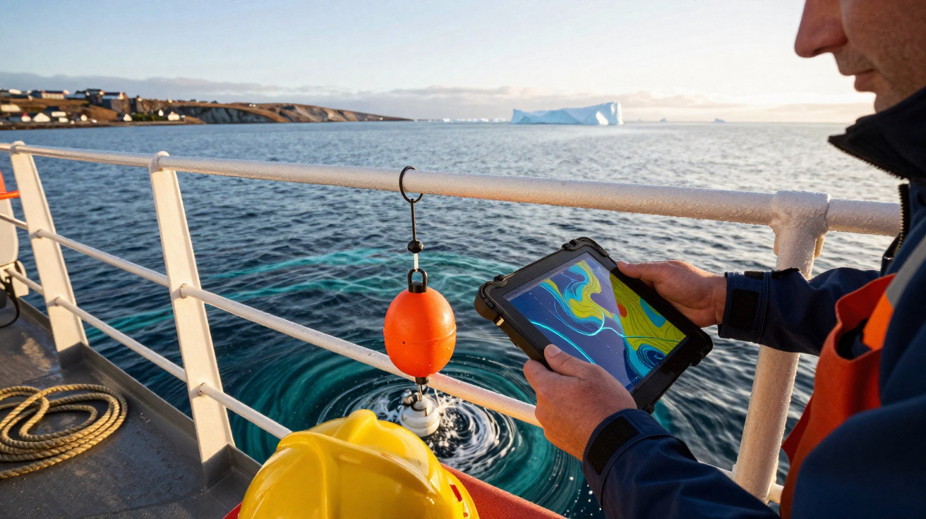 Pessoa em barco usando tablet para monitorar dados oceanográficos, com bóia laranja e iceberg ao fundo.