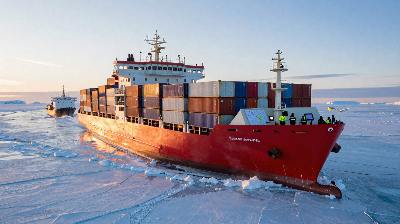 Navio cargueiro vermelho quebrando gelo no oceano congelado durante o pôr do sol.