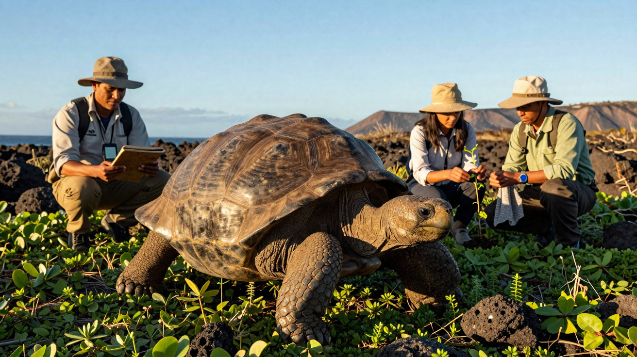 Tartaruga gigante com pesquisadores observando plantas em terreno rochoso com vegetação baixa e céu azul.