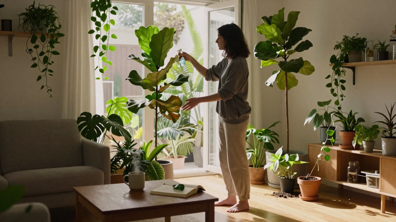 Mulher regando plantas em sala iluminada, com várias plantas em vasos e porta de vidro aberta.