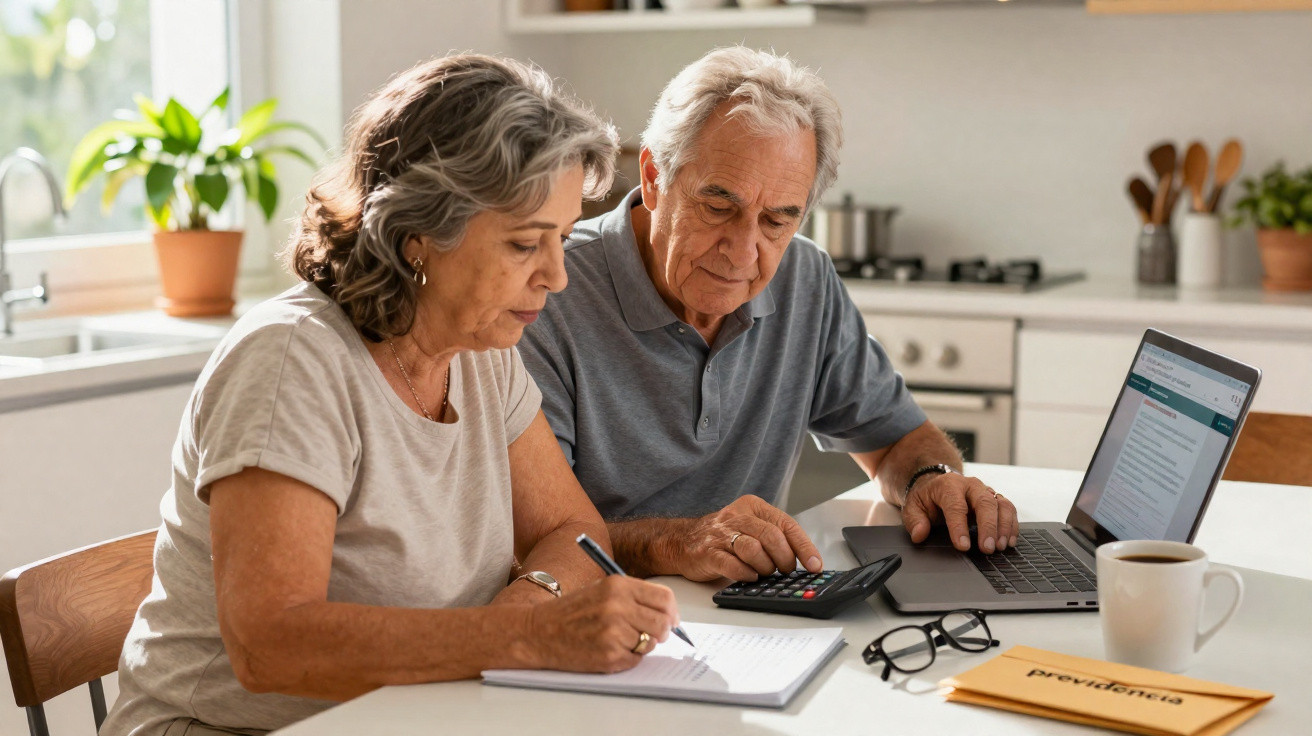 Casal idoso calculando finanças com laptop, calculadora e documentos na mesa da cozinha.