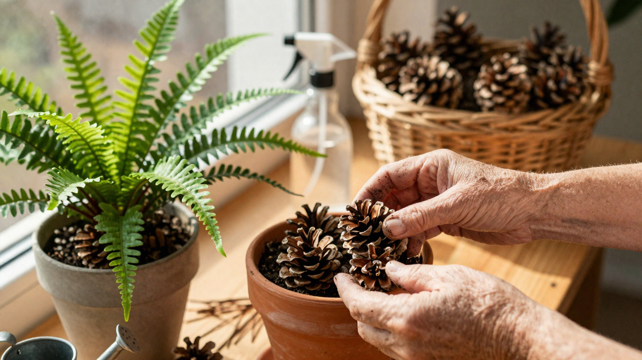 Mãos adultas colocando pinhas em vaso de barro com planta ao lado e cesta cheia de pinhas ao fundo.