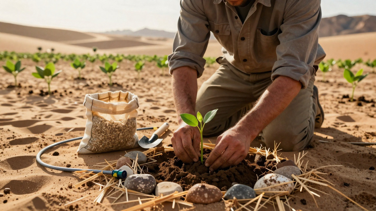 Pessoa plantando muda cercada por pedras em solo árido no deserto com várias outras mudas ao fundo.