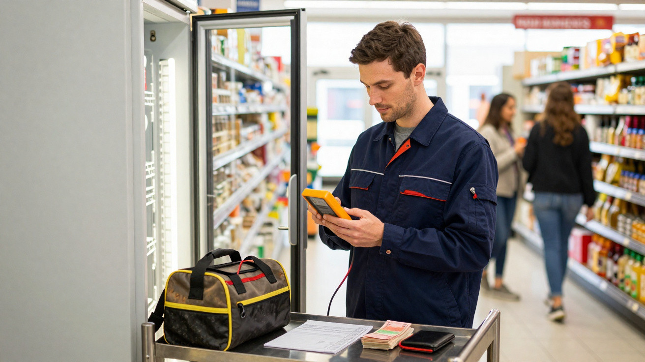 Homem em uniforme azul usando dispositivo eletrônico em supermercado, com bolsa e documentos à frente.