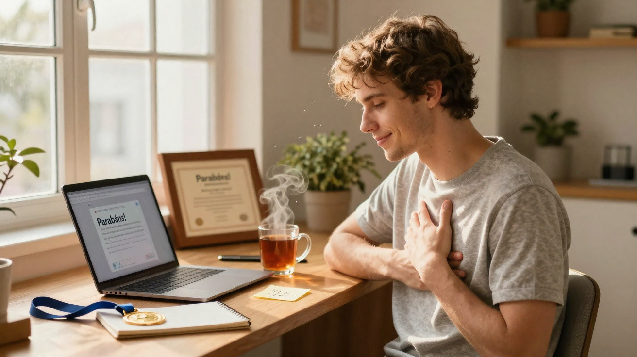 Jovem sentado à mesa comemora vitória ao lado de laptop com medalha e certificado ao fundo.