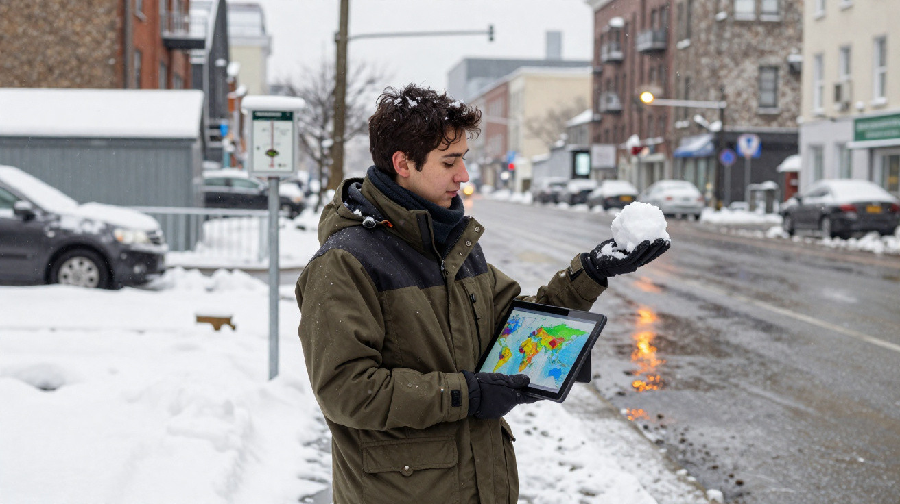 Homem de casaco segurando uma tablet com mapa e uma bola de neve em rua coberta de neve em cidade.