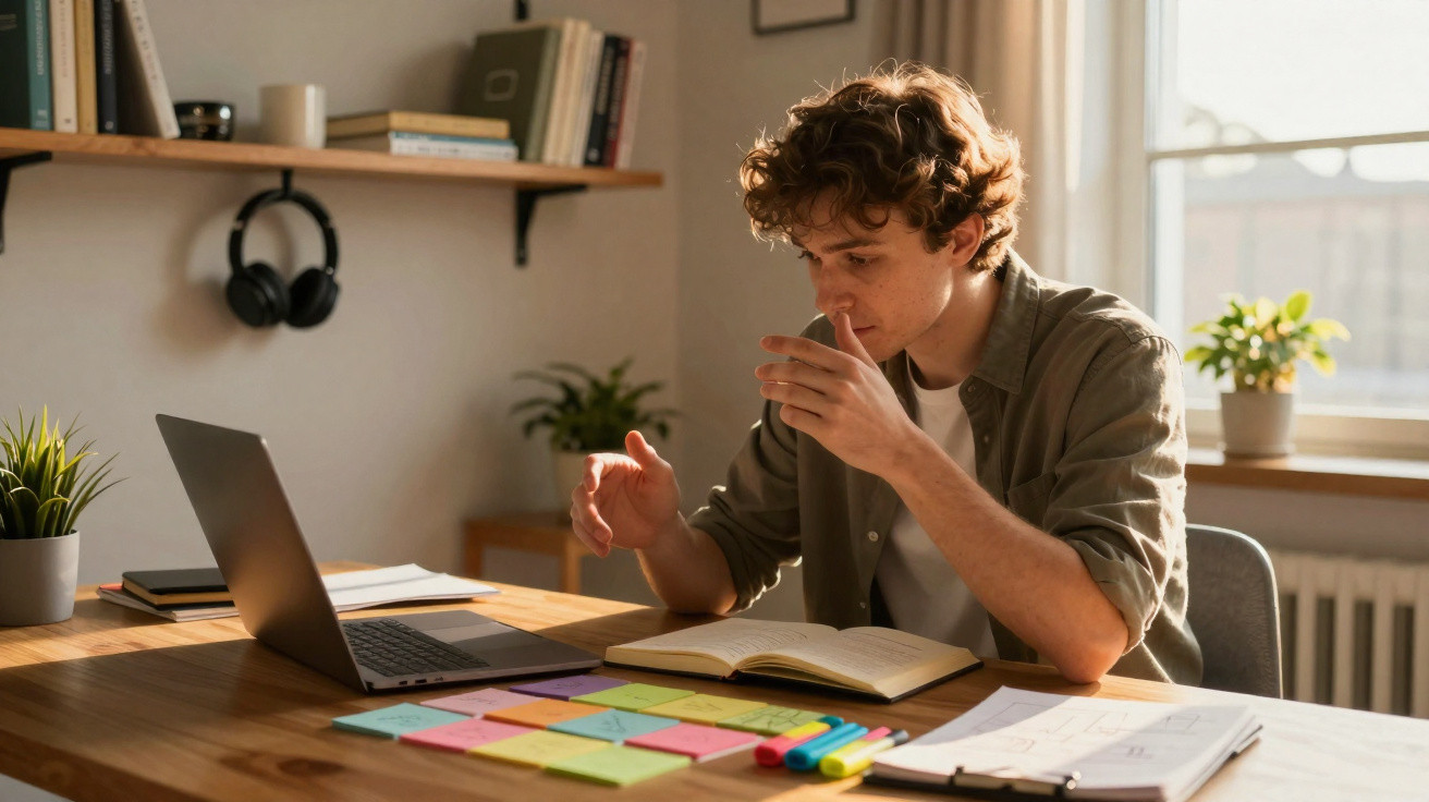 Jovem estudando em casa com laptop, livro aberto e post-its coloridos sobre a mesa iluminada.