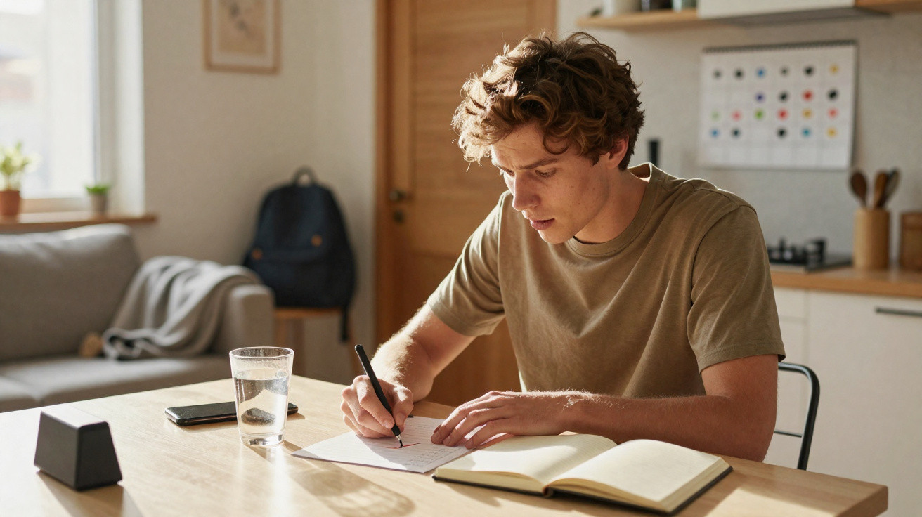 Jovem sentado em mesa escrevendo em caderno com caneta, ao lado há copo de água e livro aberto.