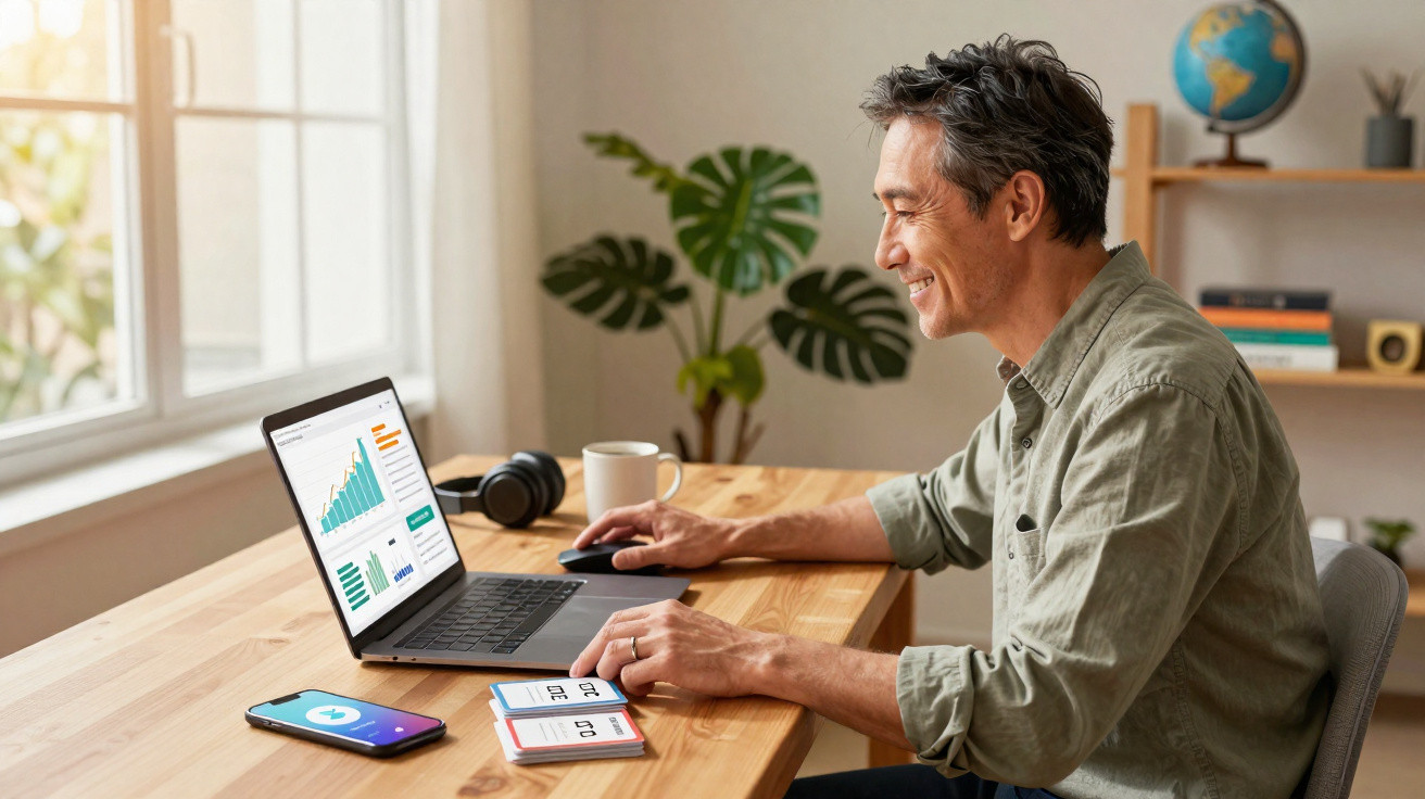 Homem sorrindo trabalha em laptop com gráficos, telefone e plantas ao fundo em ambiente iluminado.
