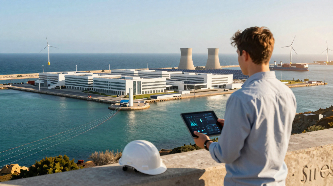 Homem com tablet observa usina de energia com turbinas eólicas e torres de resfriamento no mar.