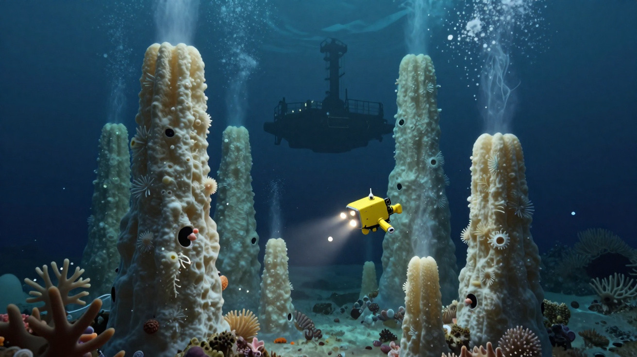 Robô amarelo explorando recifes e corais em ambiente subaquático profundo com plataforma ao fundo.
