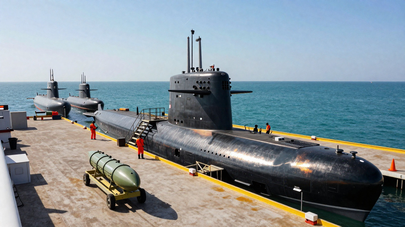 Três submarinos militares pretos ancorados em um cais com militares uniformizados em vermelho ao redor.