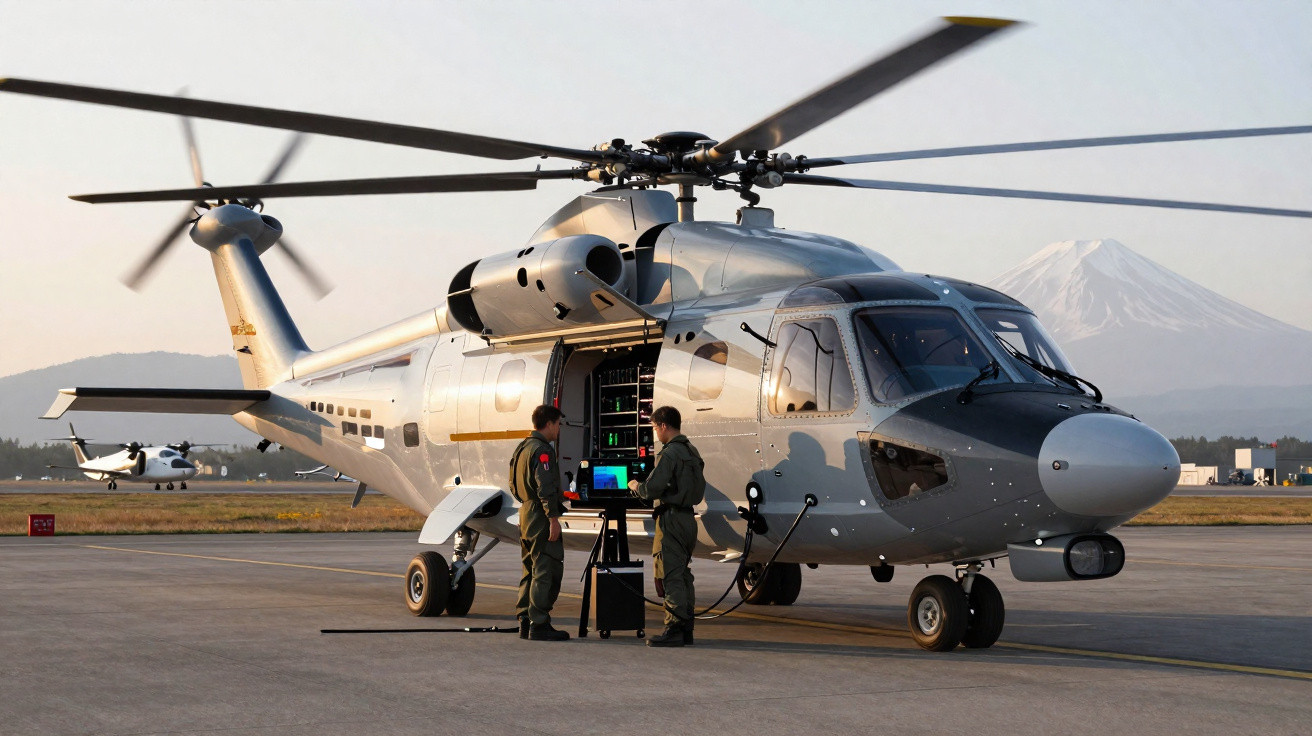 Helicóptero cinza estacionado com duas pessoas em uniforme próximo a equipamentos na pista, montanha ao fundo.