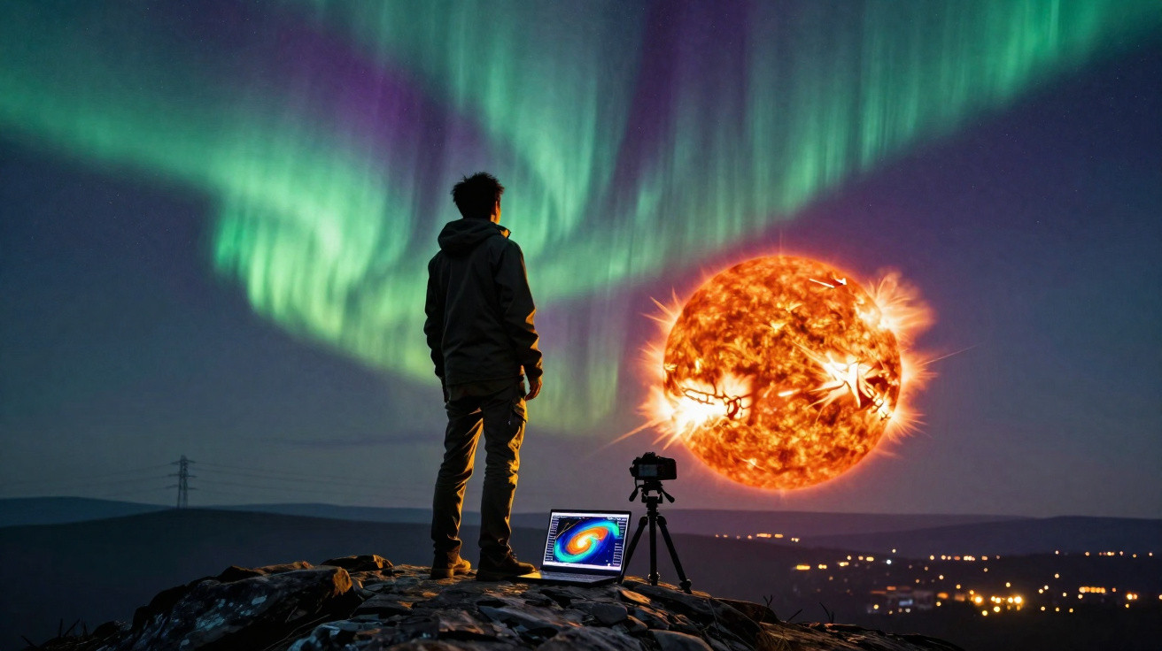 Pessoa observa o fenômeno da aurora boreal e um sol digital flutuante ao lado de equipamento fotográfico.