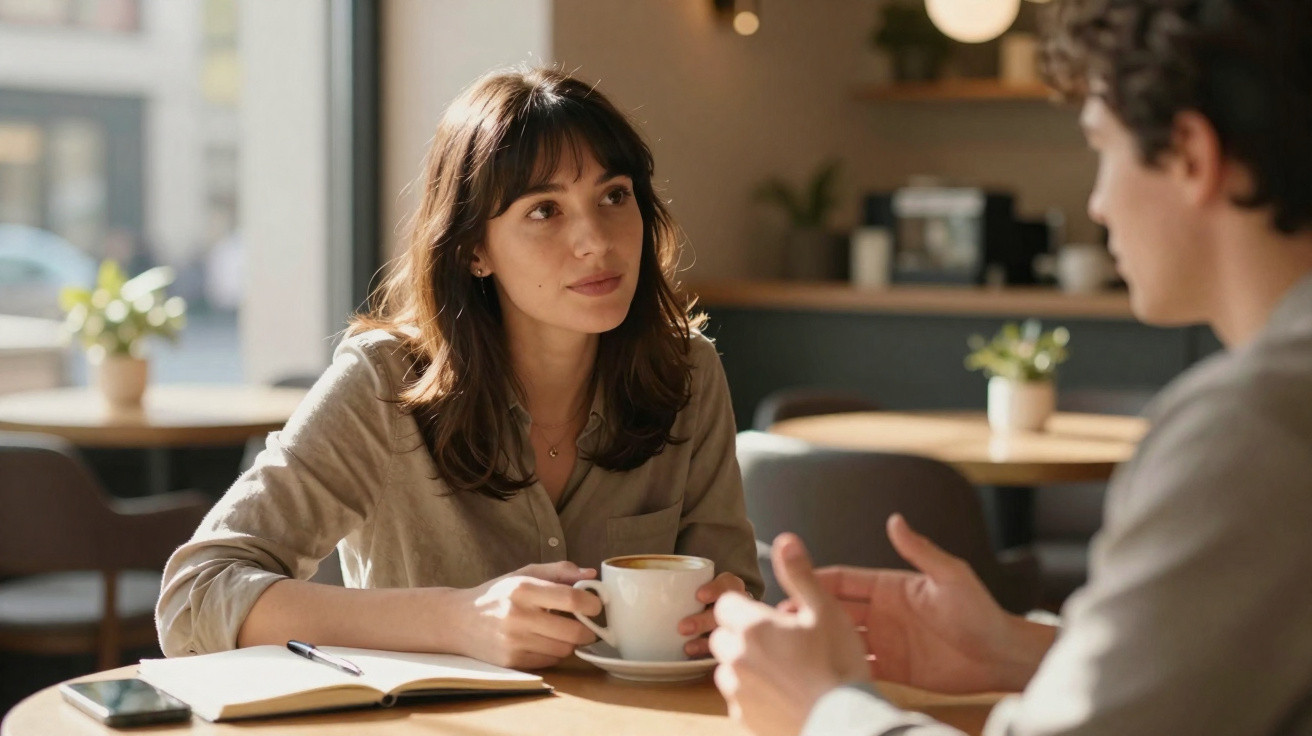 Mulher segurando xícara de café e conversando com homem em ambiente interno iluminado e acolhedor.