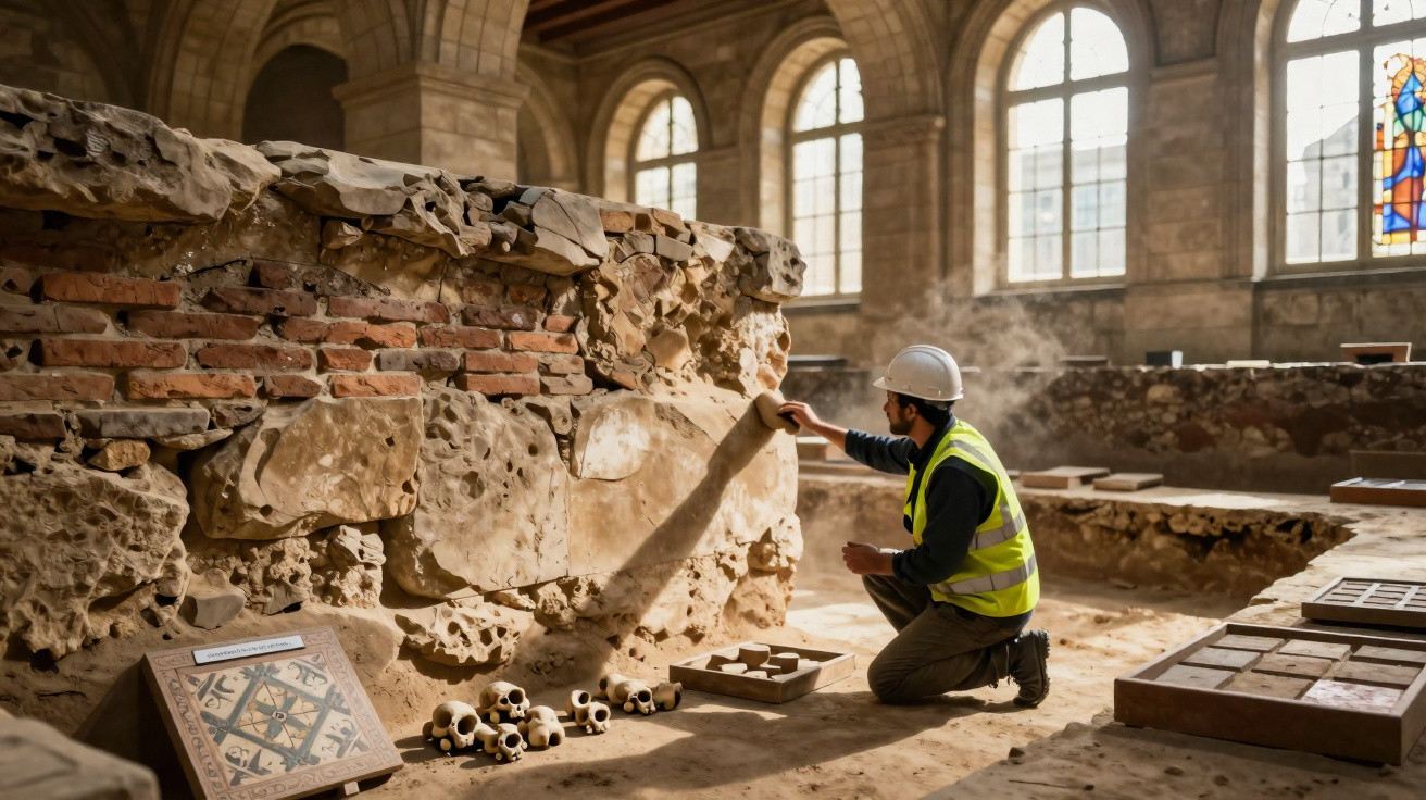 Arqueólogo com capacete examina parede antiga em escavação arqueológica dentro de edifício histórico.