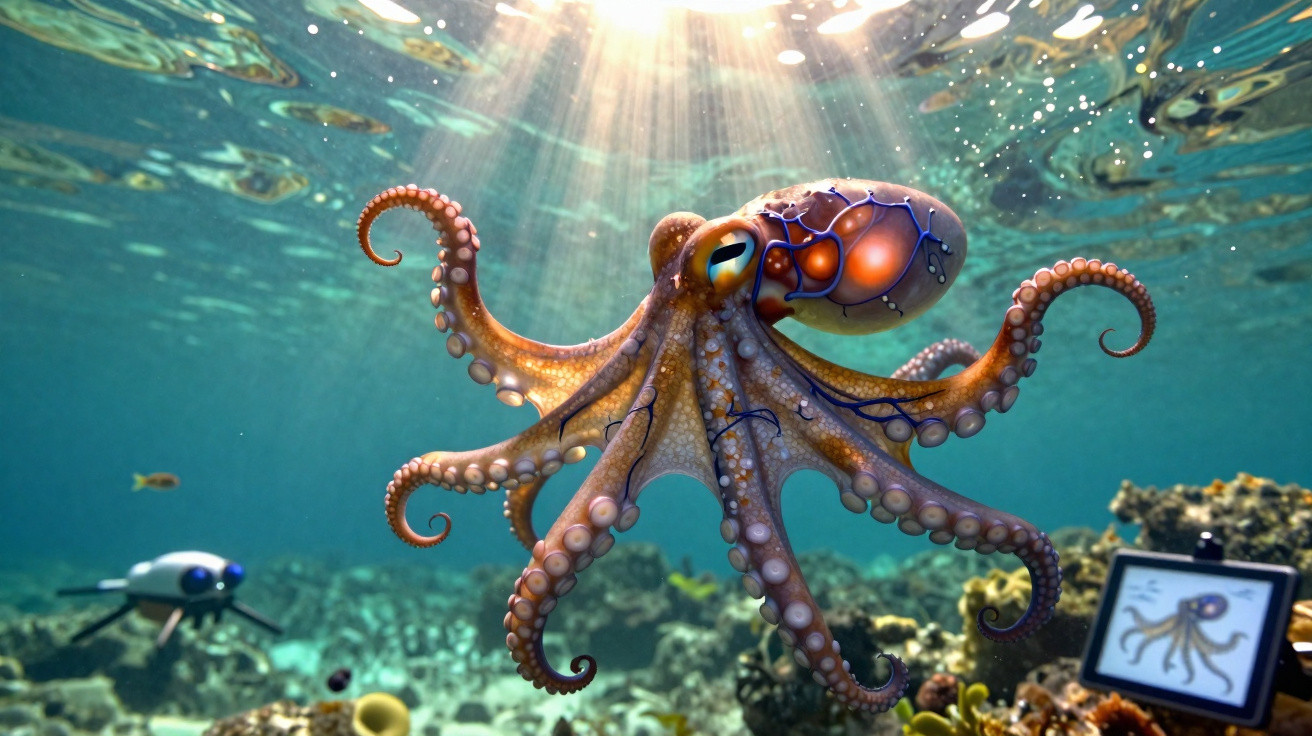 Polvo colorido nadando em recife de coral com robô submarino e tela digital ao fundo.