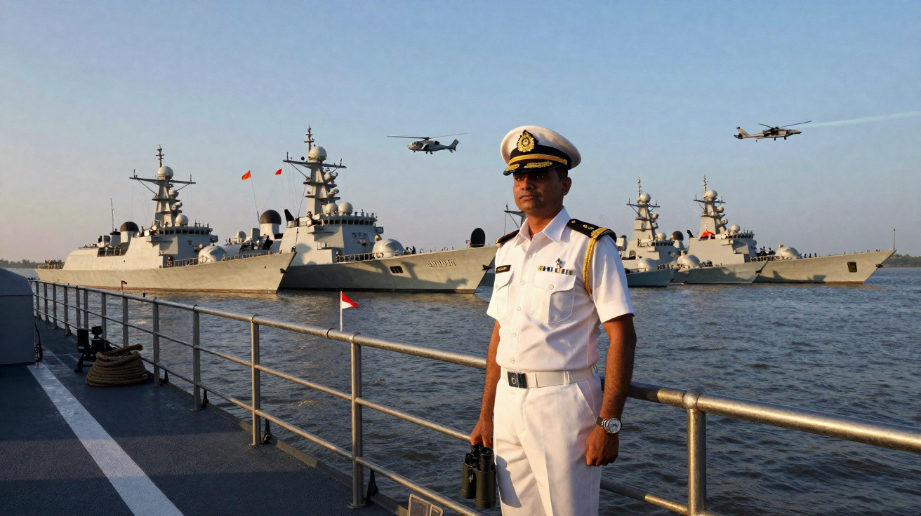 Oficial naval em uniforme branco na proa de navio com três navios de guerra e dois helicópteros no mar ao fundo.
