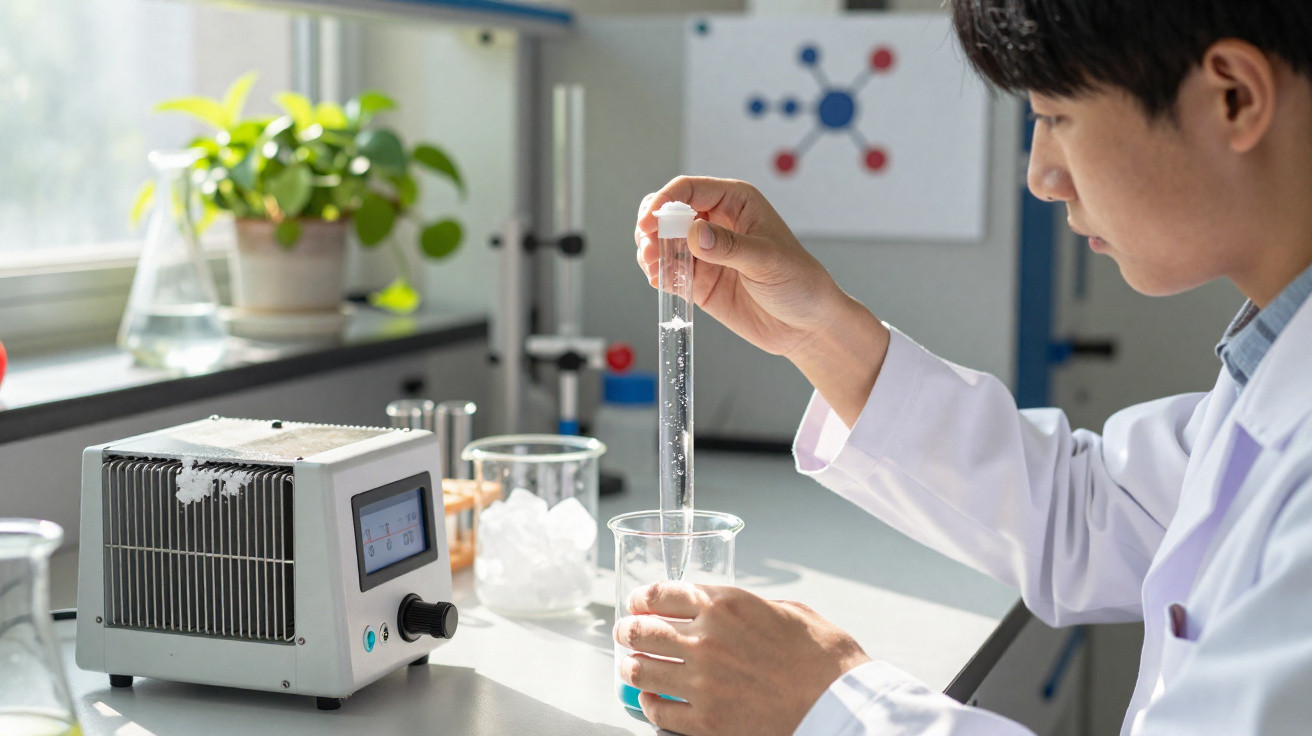 Cientista com jaleco manipulando tubo de ensaio em laboratório com equipamentos ao fundo.