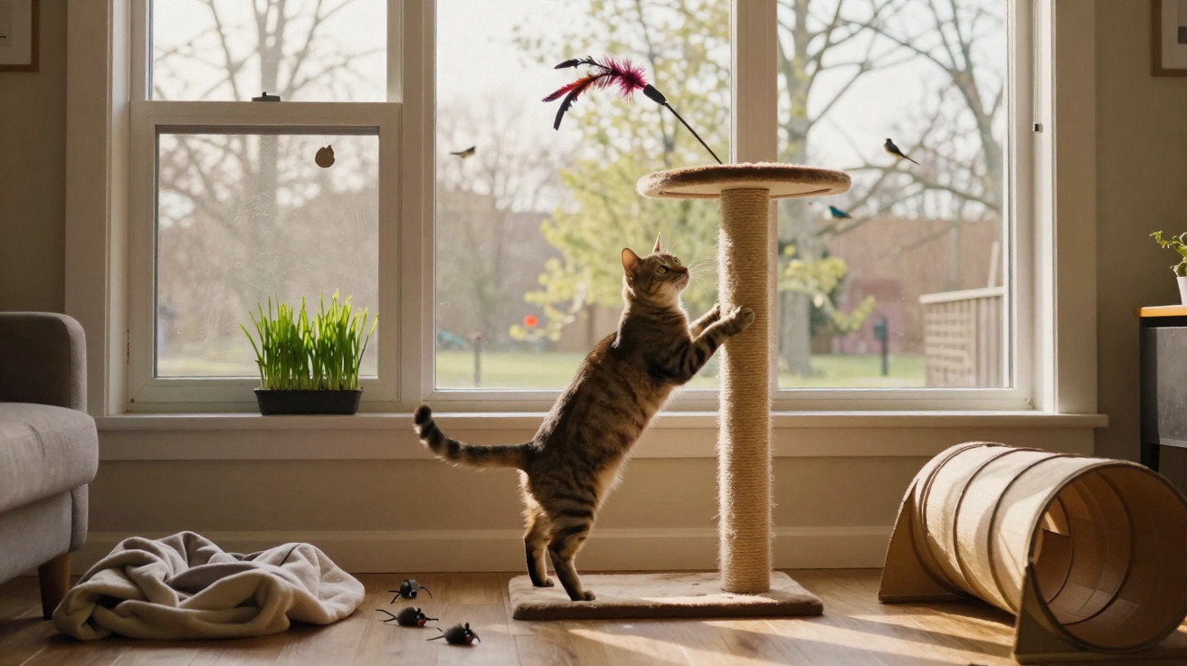 Gato cinza brincando com arranhador em sala iluminada pela luz natural da janela grande.