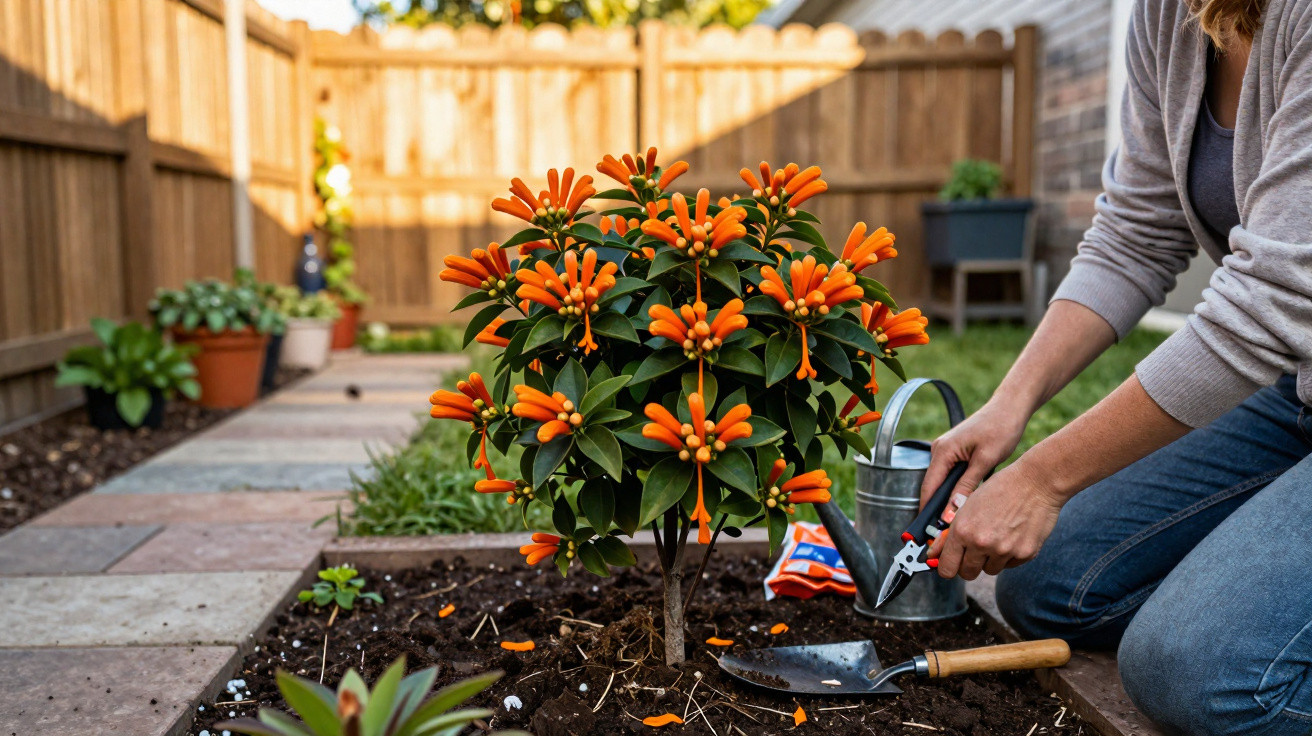 Pessoa podando planta com flores laranja em jardim próximo a cerca de madeira.