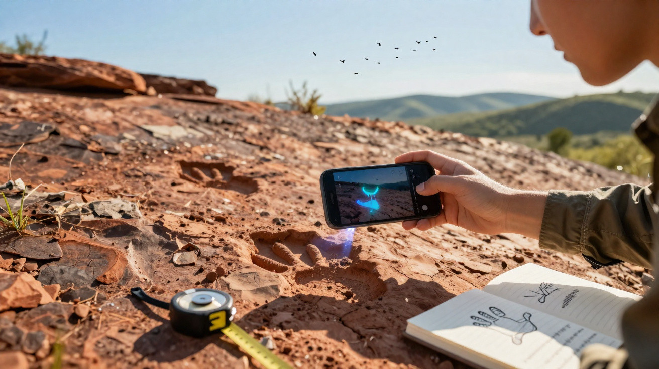 Pessoa usando celular para escanear pegada fóssil em rocha vermelha com caderno e fita métrica ao lado.