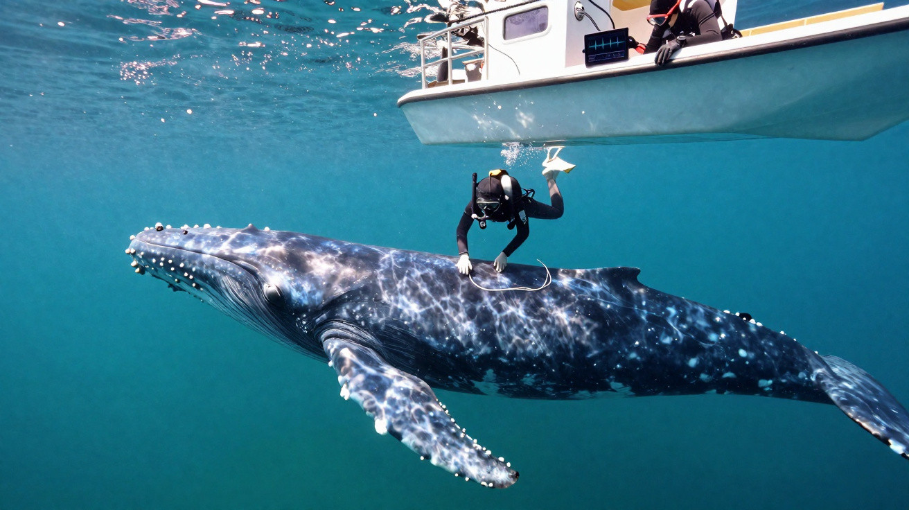 Mergulhador próximo a uma baleia azul subaquática ao lado de um barco na superfície do mar.