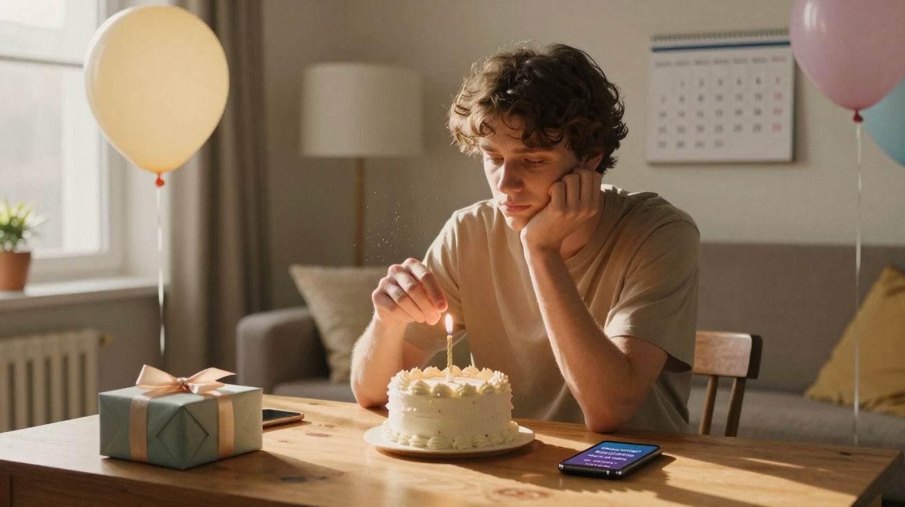 Jovem solitário apagando vela de bolo de aniversário, com presente e celular sobre a mesa.