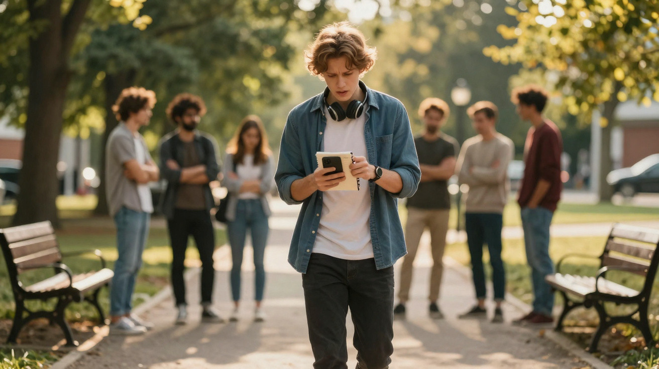 Jovem com fones no pescoço e celular na mão caminha sozinho em parque, grupo de pessoas ao fundo.