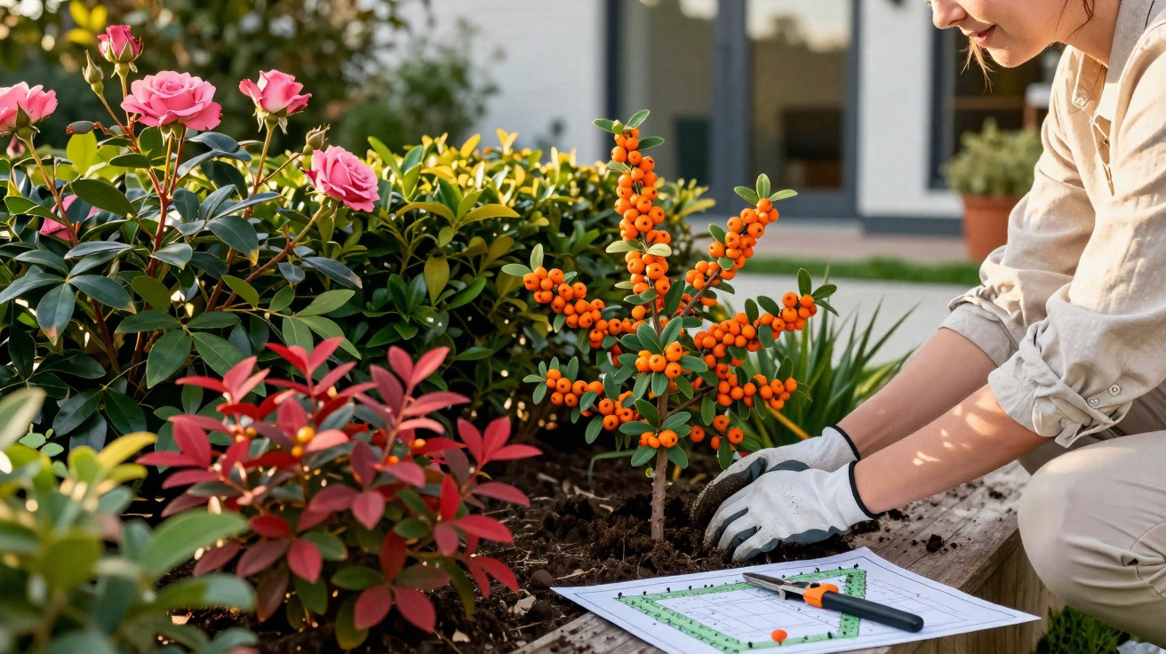 Pessoa plantando arbusto com frutos laranja em jardim com rosas cor-de-rosa e outras plantas diversas.
