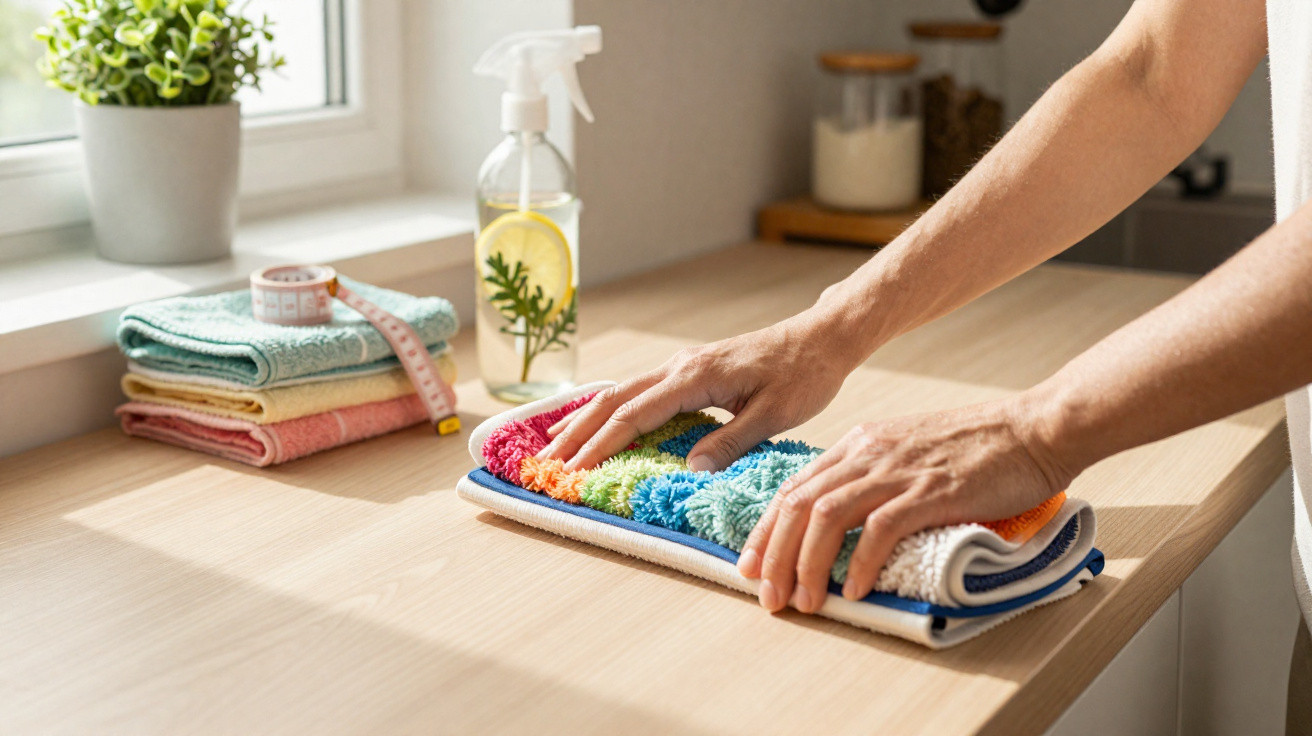 Mãos masculinas dobrando pano colorido sobre bancada de cozinha com produtos de limpeza ao fundo.